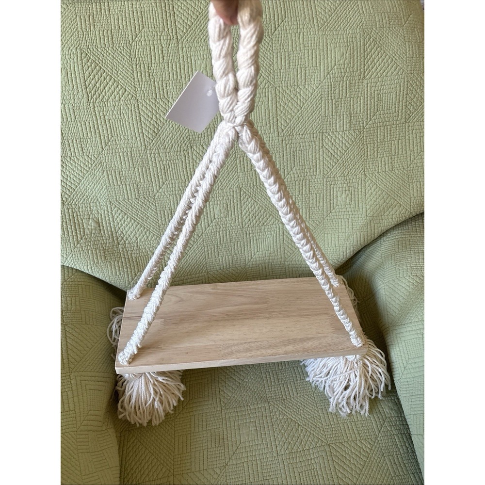 Boho Macrame Hanging Wood Shelf 15" x 6" White Rope Tassel Wall Decor 18" Long